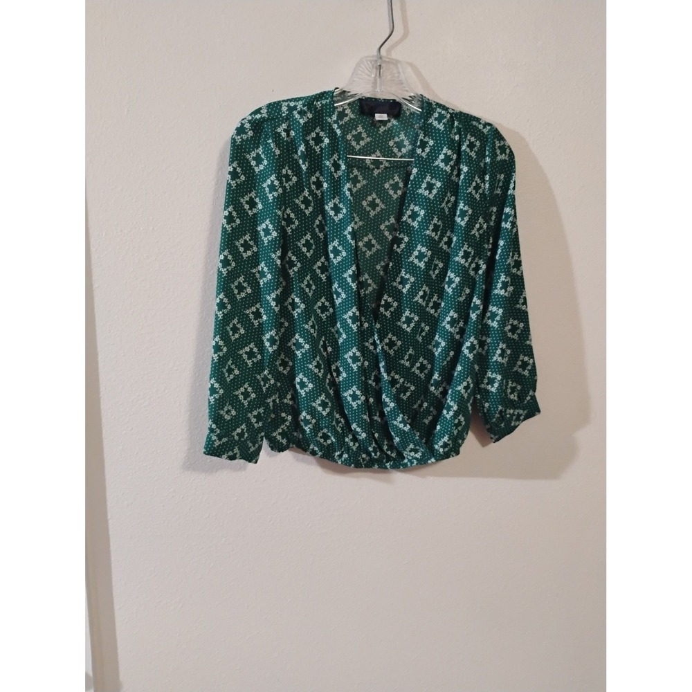 Blue Rain Green Floral Geometric Surplice Wrap Blouse Long Sleeve XS